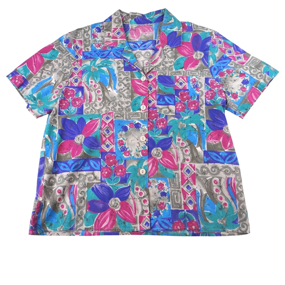Vintage Vibrant Womens Abstract Floral Print Short Sleeve‎ Button Up Shirt